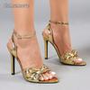 Women's Golden Heels for Ladies Pointed Toe Ankle Strap Wedding Evening Party Dress Shoes Elegant Tacones Fashion Heeled Sandals