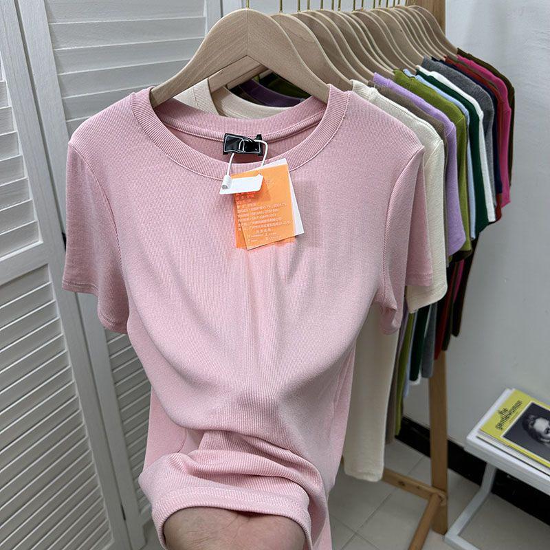 European Plus Size Ribbed Loose Short Sleeve T-shirt, Women's Green Base Layer Blouse