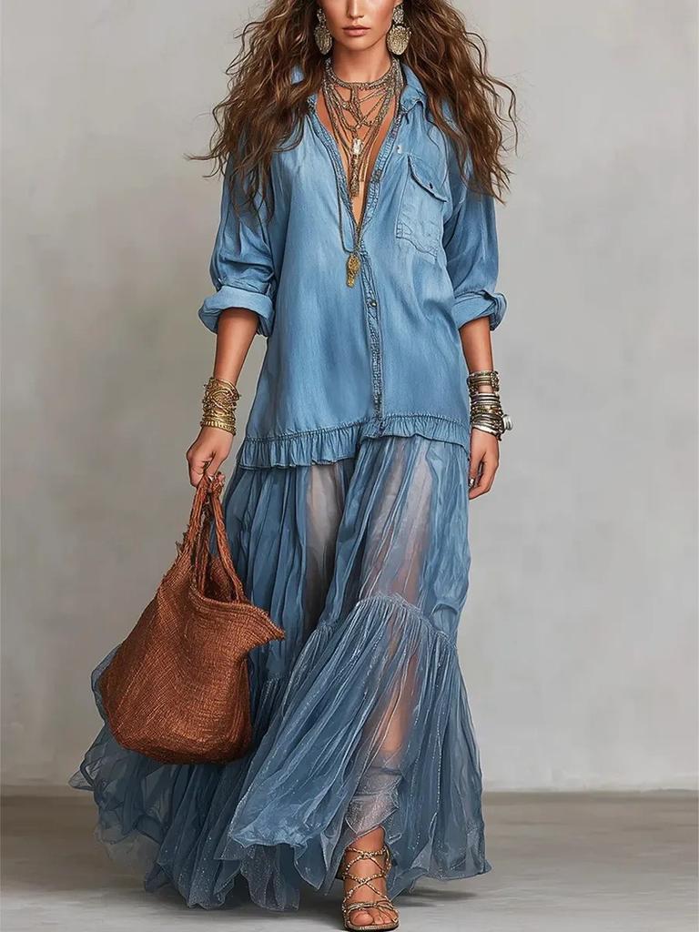 European and American Style Popular Women's Retro Lapel Imitation Denim Dress Casual