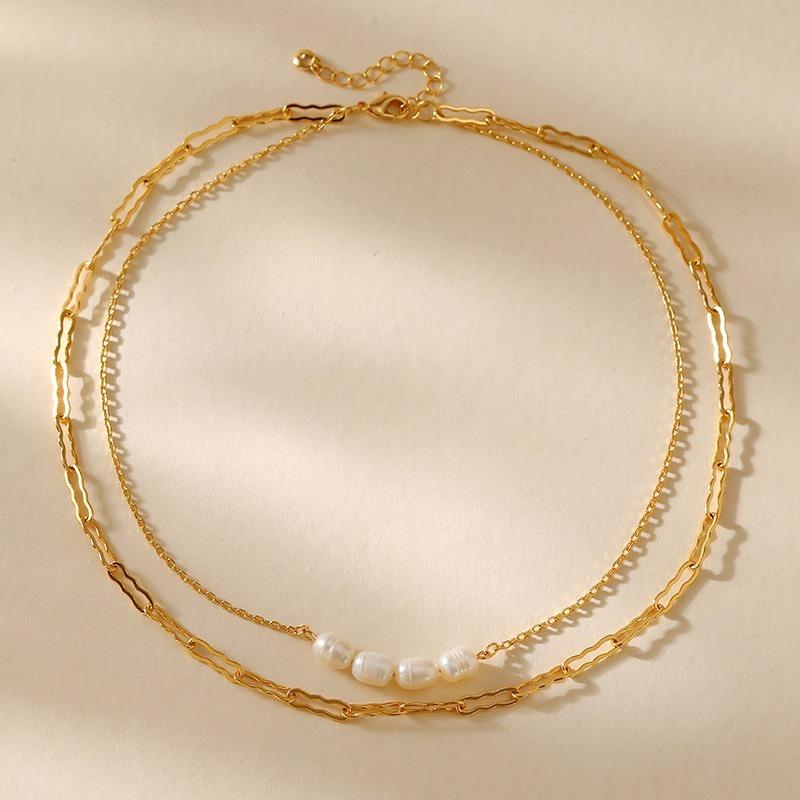 Double Layered Freshwater Pearl Necklace European Style Gold Temperament Necklace For Women