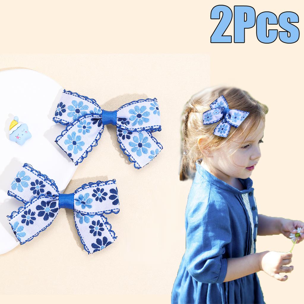 Cobalt Blue Floral Hair Clips Porcelain Color Flower Embroidery Bow Hair Brooches For Girls Children's Hairdressing Accessories