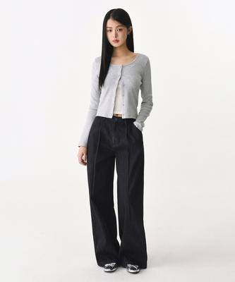MUSINSA STANDARD WOMAN Women'S Linen-Like One-Pleat Extra Wide Denim Pants [Raw Black]