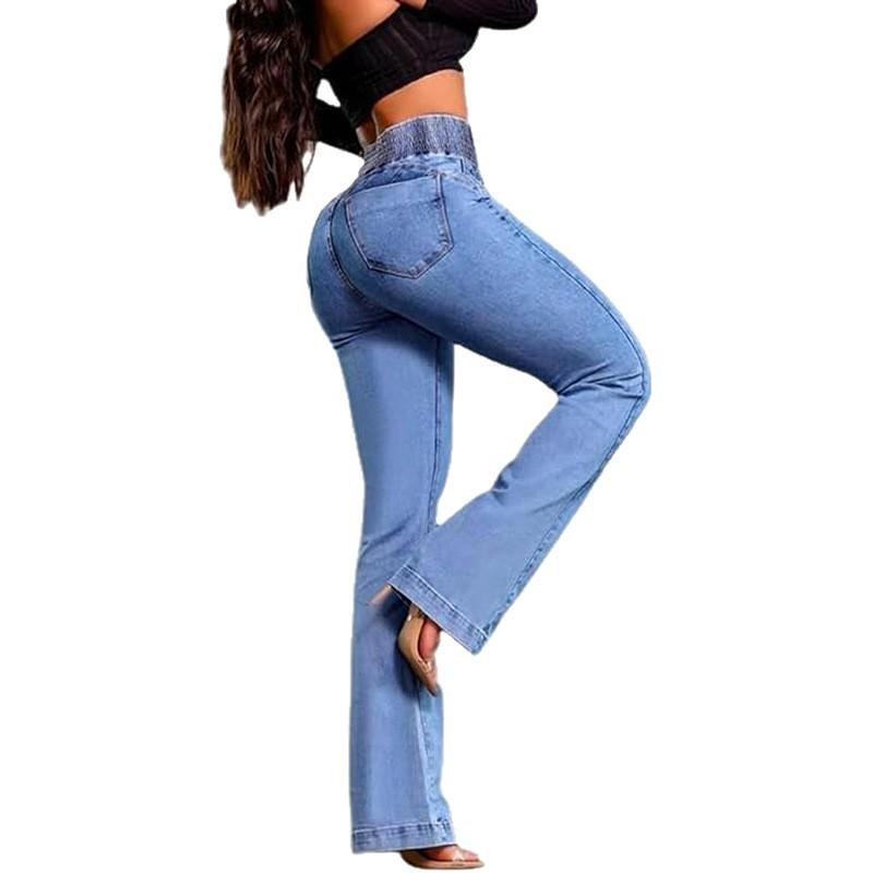 Women High Waisted Flare Jeans Vintage Wash Denim Bell Bottom Trousers
