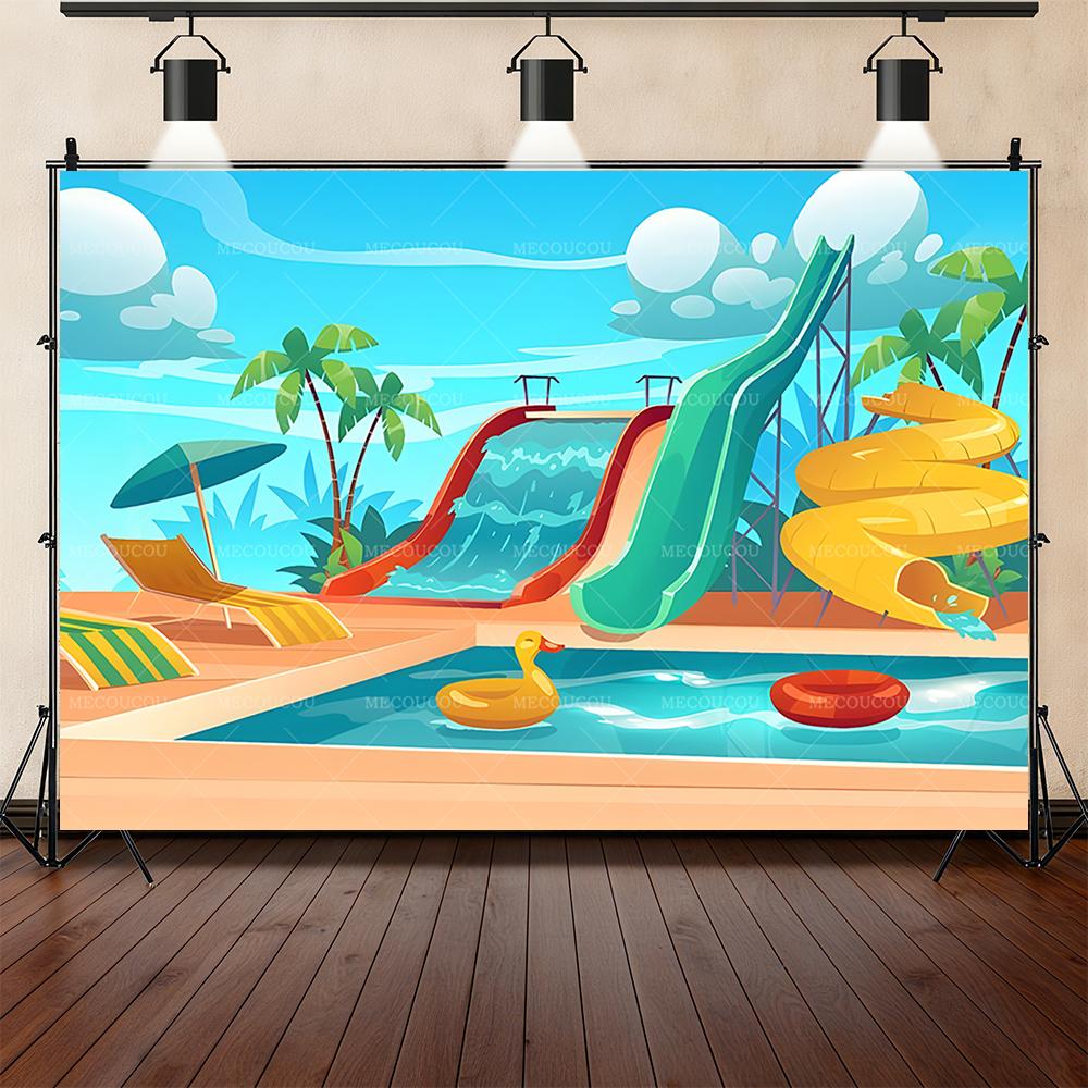 Summer Pool Party Friends Gathering Decoration Background Slide Seaside Beach Coconut Tree Photo Studio Photography Background