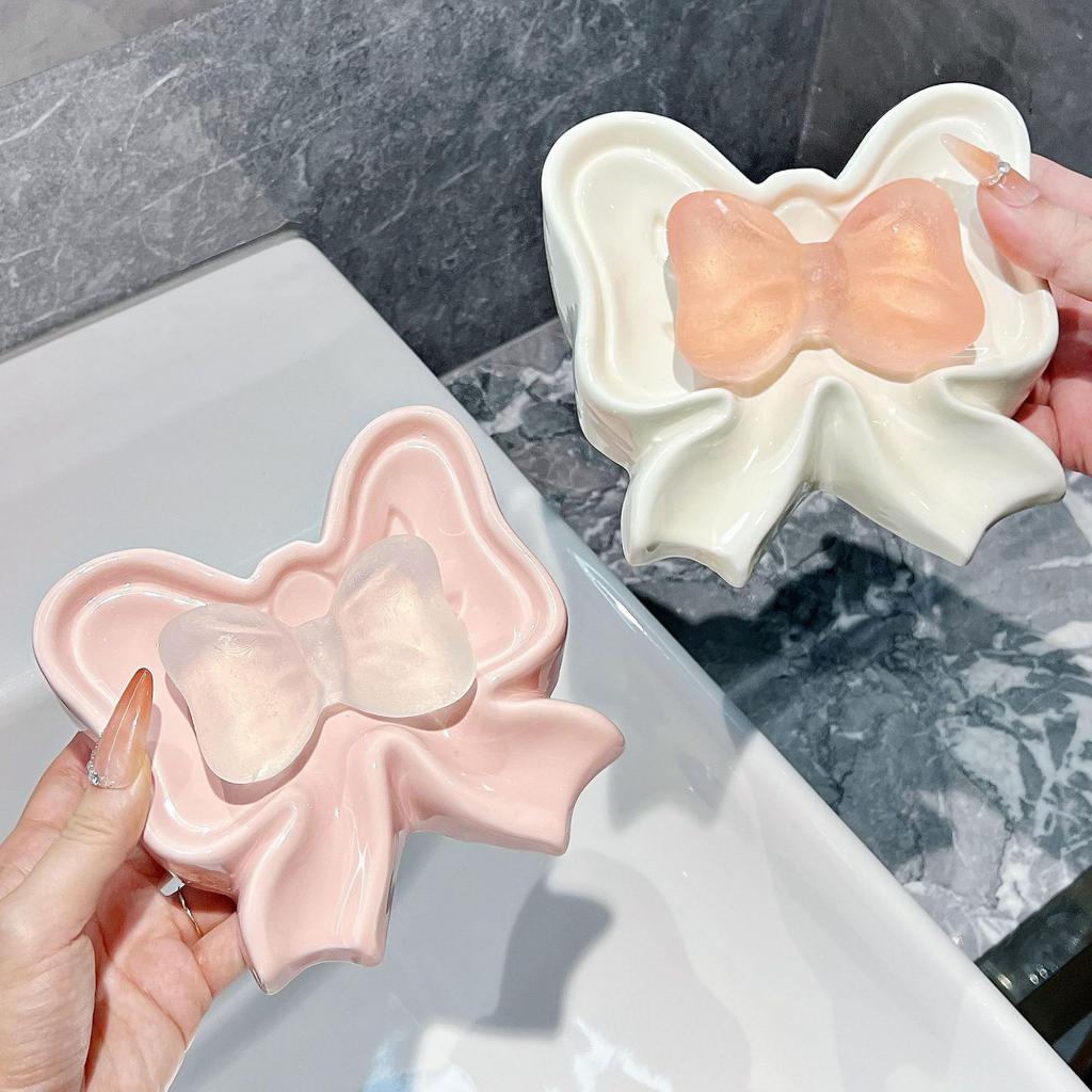 Creative Bow Soap Box Drain Cute Storage Rack Bathroom Sink No Water Collection Ceramic Dish Holder Holder