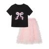 FULUOMI Girls' Summer Printed Short-Sleeve Mesh Skirt Two-Piece Set