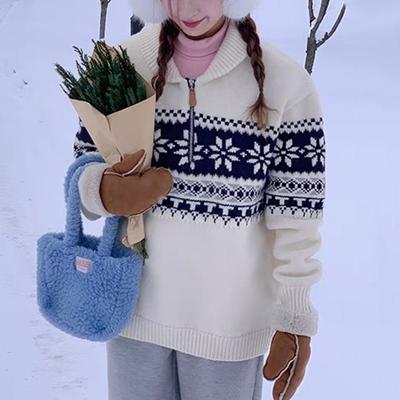 Elegant Retro Long Sleeve Jacquard Pullover Loose Zipper Sweater Women Autumn Winter Korean Lapel Casual Knitted Top Office Sweet Knitwear Clothing