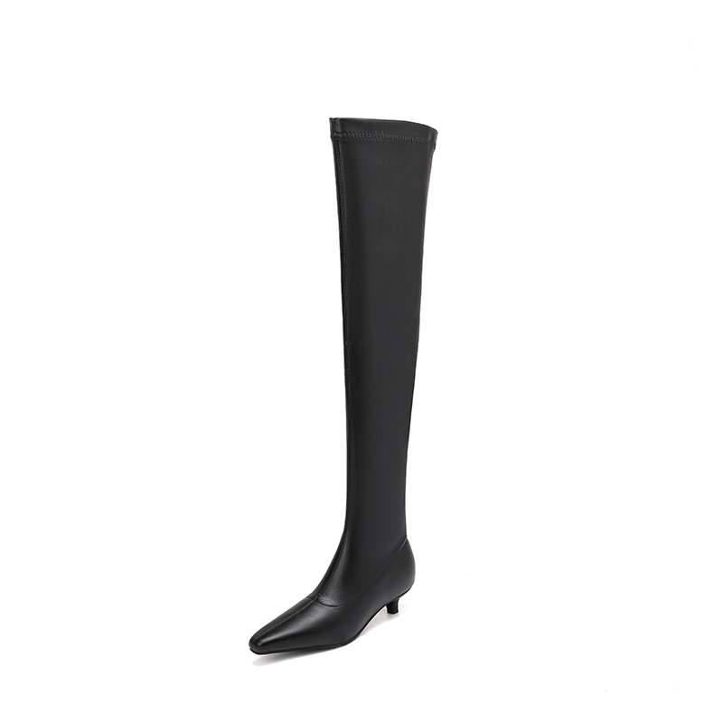Krazing Pot Cow Skin Autumn Winter Shoes Low Heels Elastic Boots Big Size 46 Women Keep Warm Over-the-knee Boots