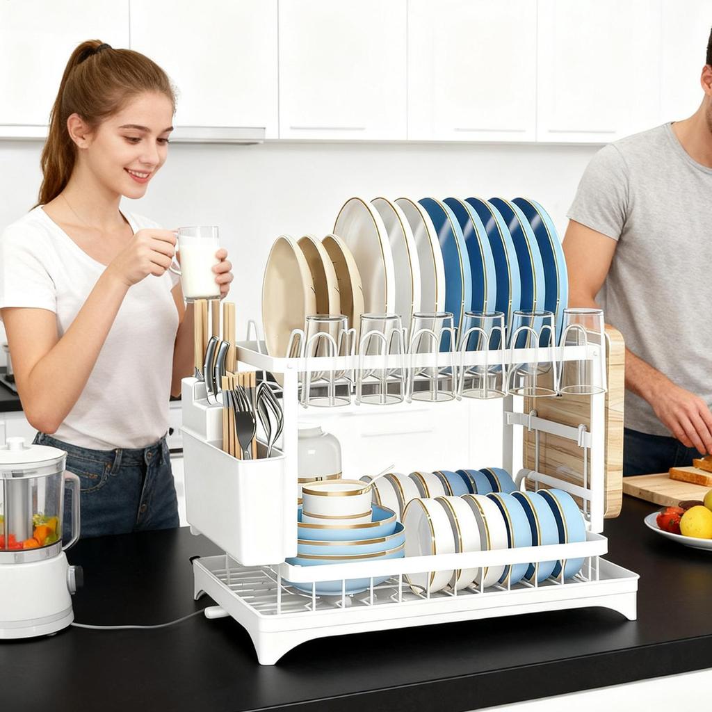 2 Layers Dish Drying Rack Countertop Household Dish Storage Holder Kitchen Organizers And Storage With Drainboard