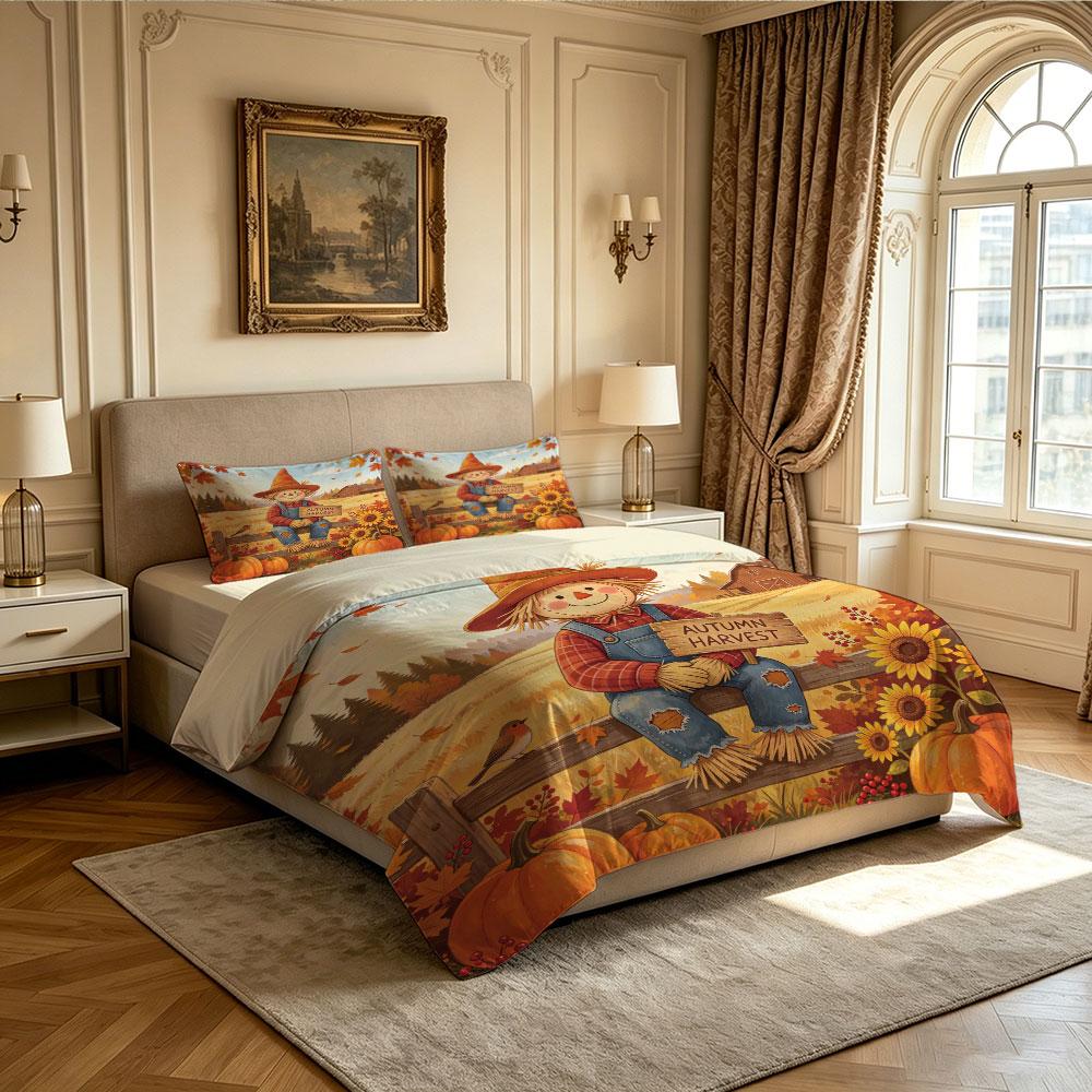 Fall Scarecrow Pumpkin Sunflower 3Pcs Duvet Cover Set Rustic Thanksgiving Farm Aesthetic Bedding Set