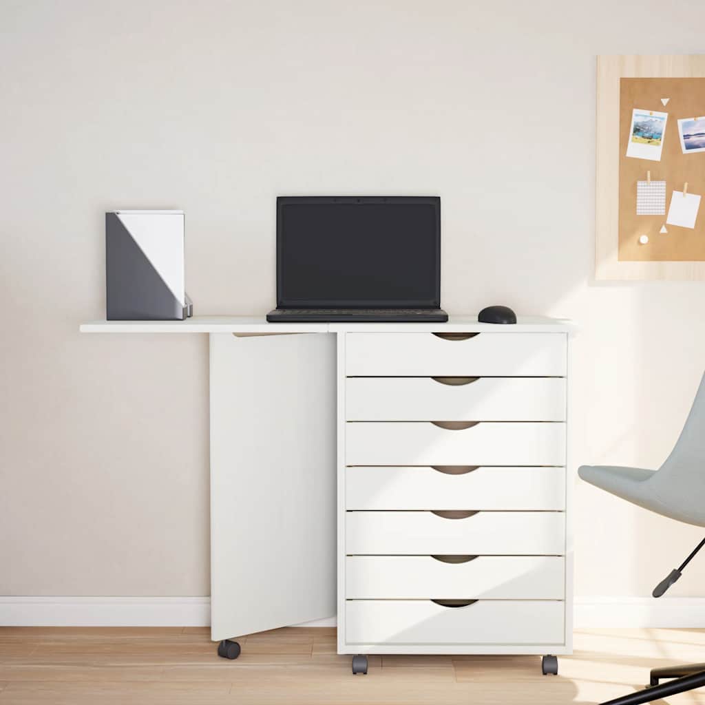Mobile Filing Cabinet with Desk MOSS White Solid Pine Wood