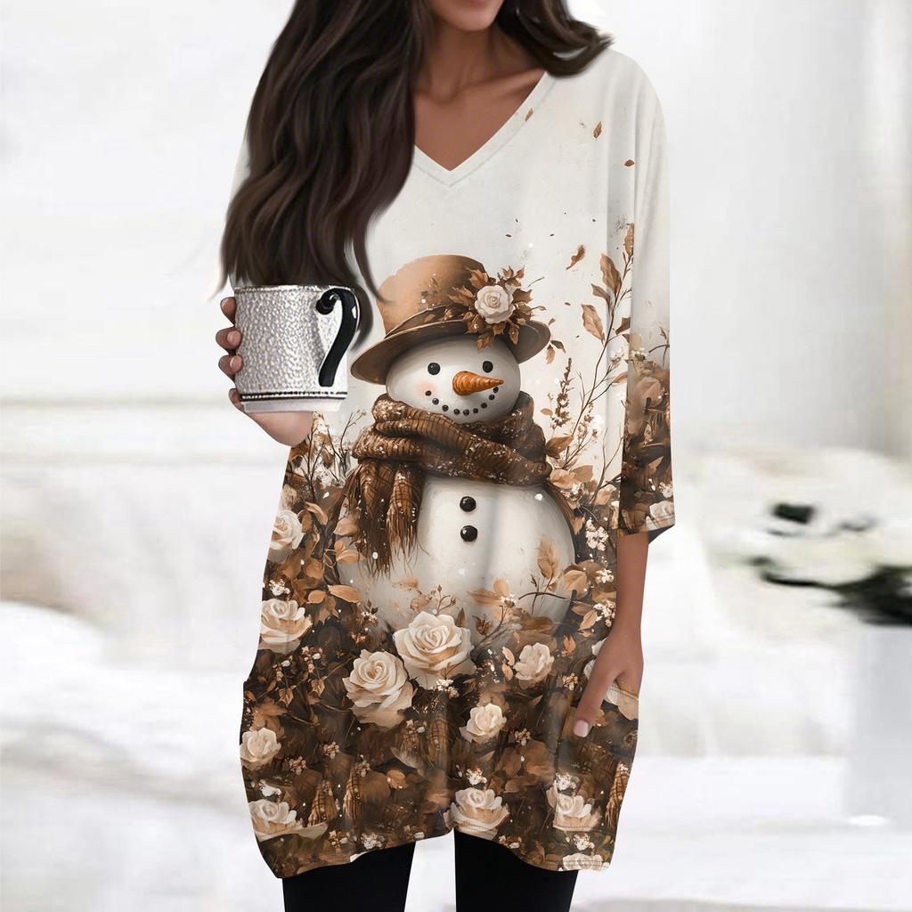 Womens Tops V-neck 3/4 Sleeve Blouses Casual Mid-length Shirts Fashion Christmas Print Tunic Tops With Pockets