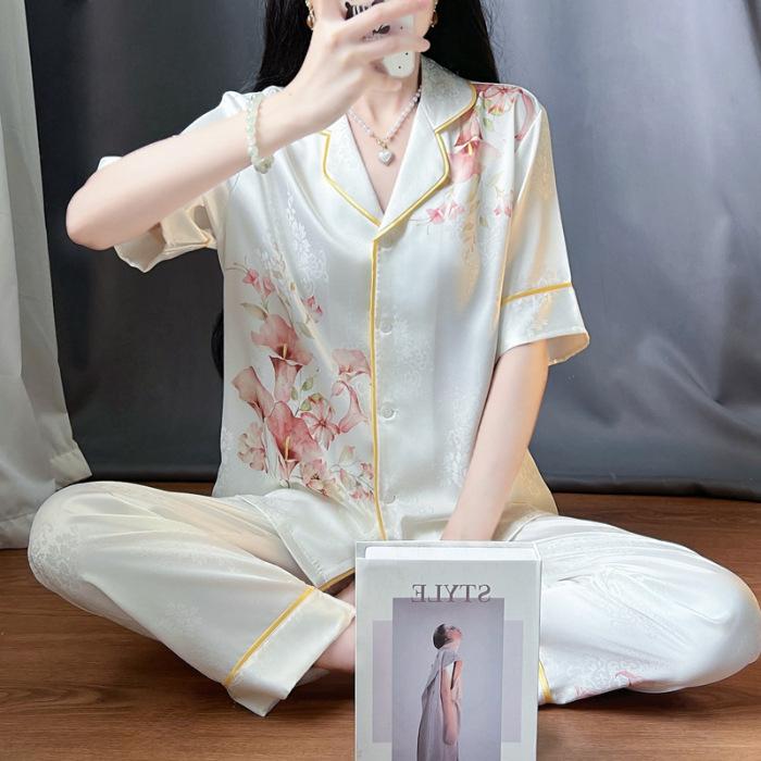 

Pajamas women s summer cool ice and snow silk short-sleeved trousers cardigan simple two-piece set simple casual loungewear XXL