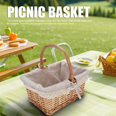 Wicker Picnic Basket Detachable Lining Hand Woven Vintage Storage Hamper Large Capacity Camping Vegetable Picking Organizer