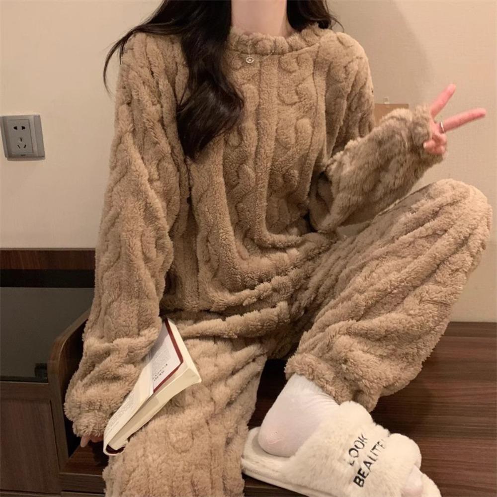 Coral Fleece Jacquard Pajamas Set Women Autumn Winter Fleece Thickened Warm Crew Neck Cable Knit Loungewear Wearable Outside