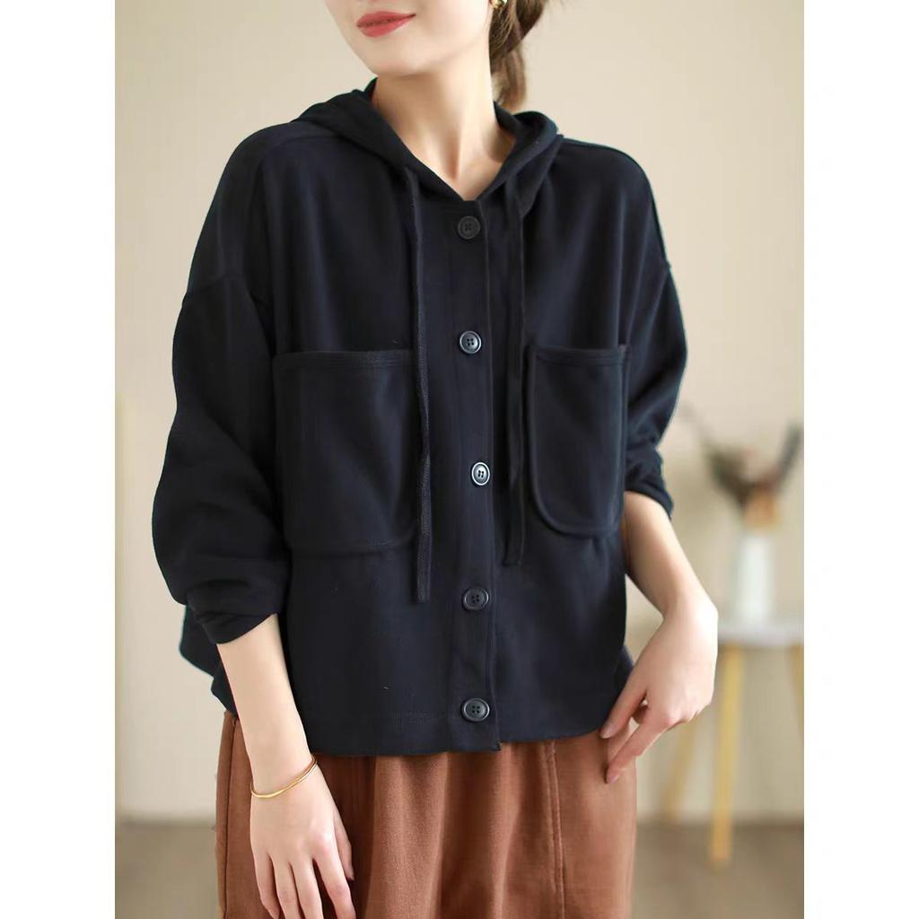 Women's Solid Color Jackets Autumn Spring Hooded Pockets Loose Cardigan Korean Fashion Lady Blouse Coat