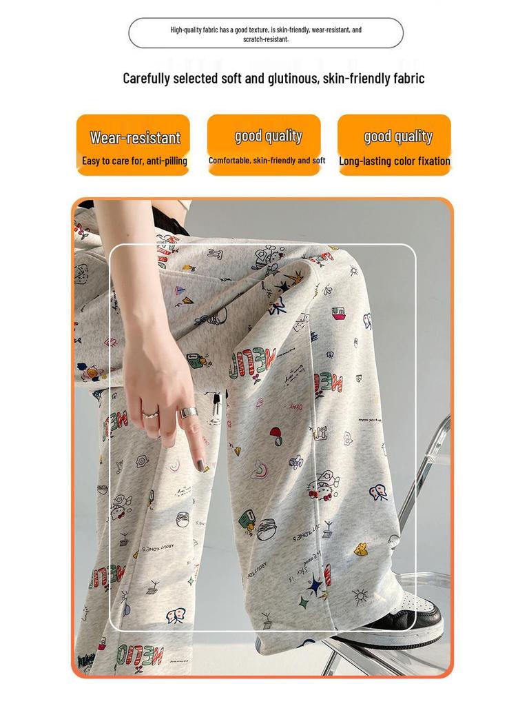 Authentic 2026 Hand-painted Graffiti Sweatpants for Women - Spring/Summer, Elastic Waist, Curved Leg, Casual Drawstring Fit
