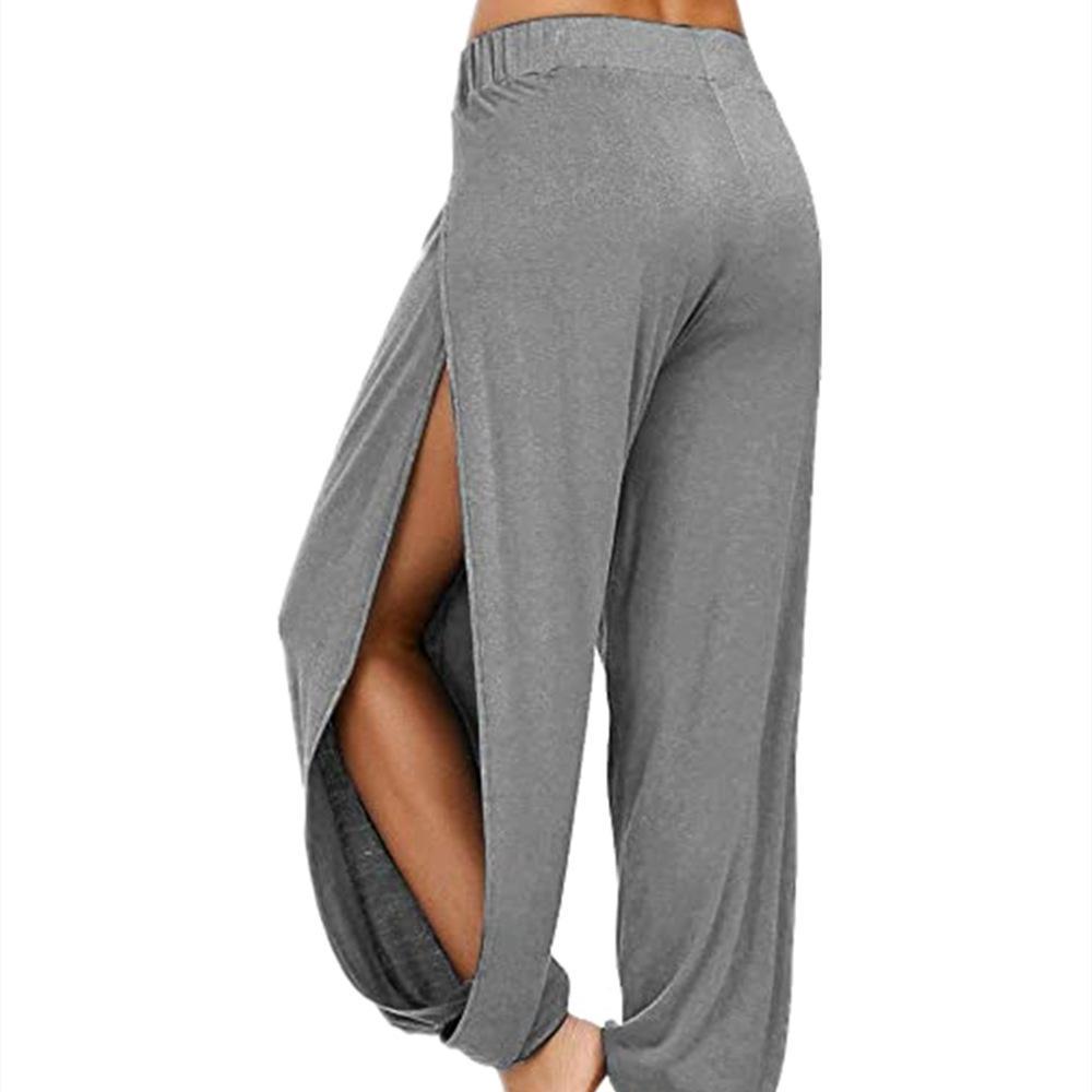 

Брюки-шаровары для йоги с боковыми разрезами для бега в стиле хиппи, пляжные спортивные штаны большого размера, свободные повседневные брюки с завязками, новая женская мода M серый