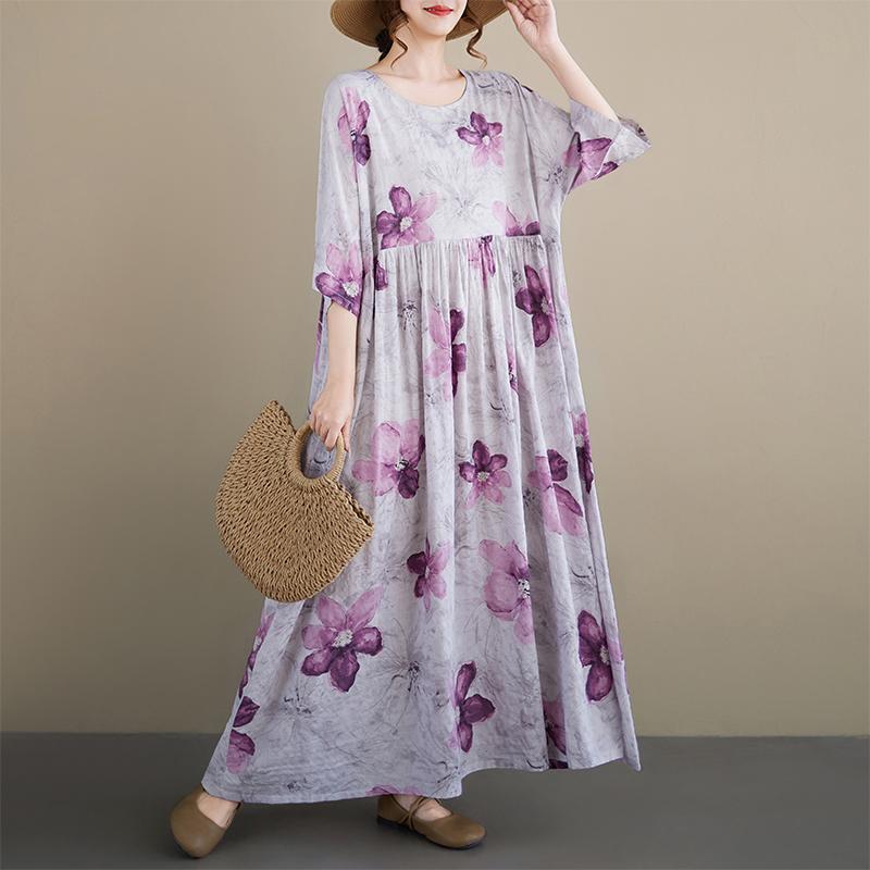 DIMANAF New 2026 Summer Beach Women Dress Plus Size Vintage Lady Long Dress Loose Oversize Maxi Floral Print Cotton