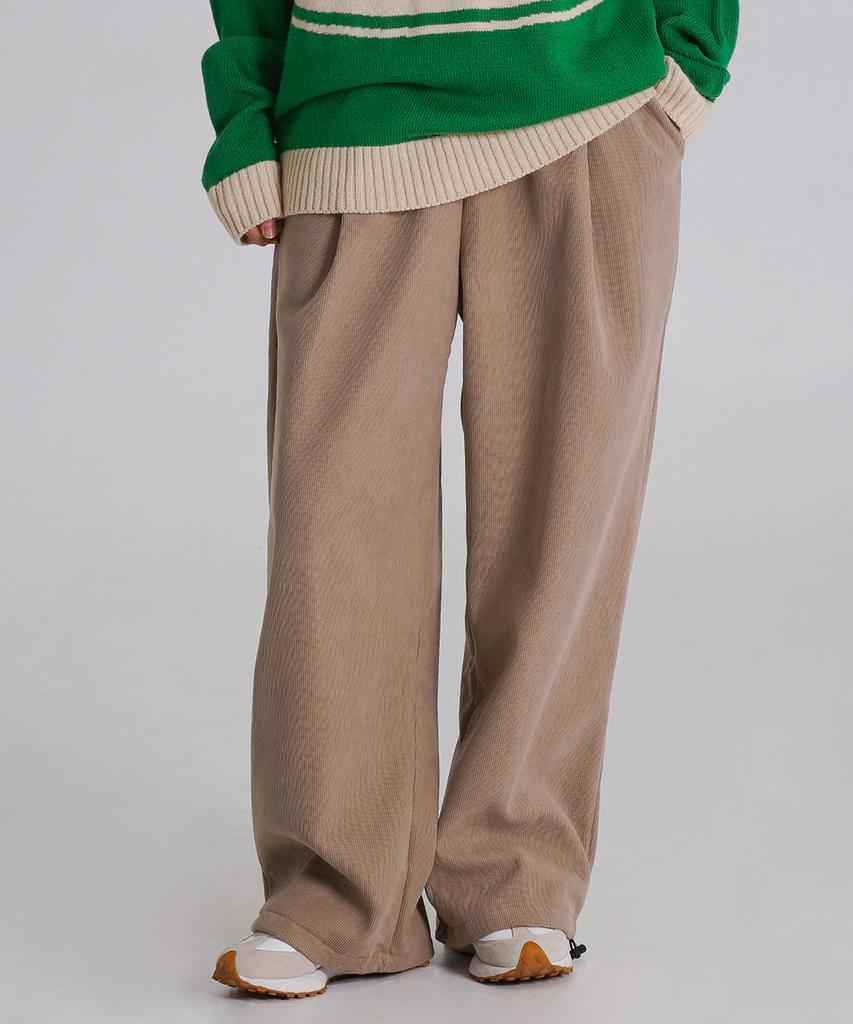 Baldebeullangko [2Pack] Wide Single-Pleat Corduroy Fleece-Lined String Pants [Brown]