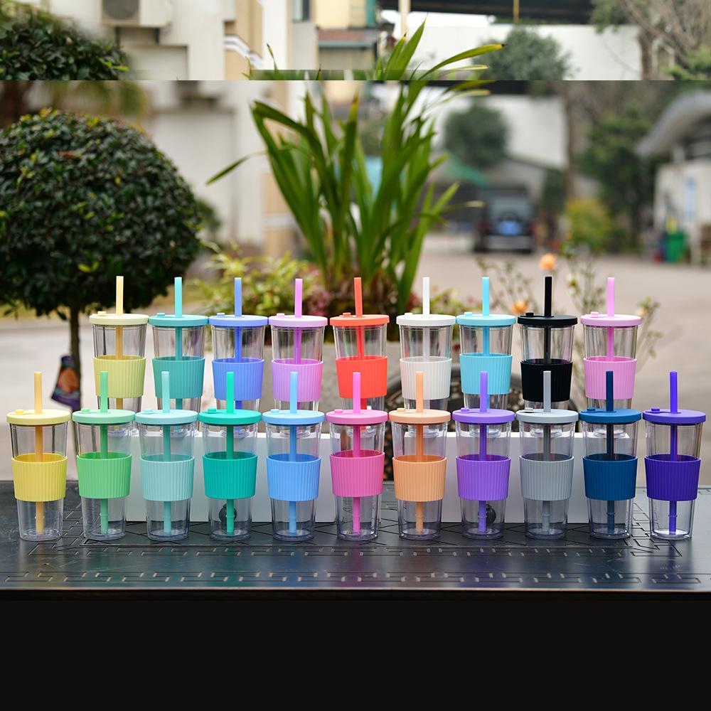 2025 Large Capacity Double Layer Plastic Cup Large Hole Straw Pearl Boba Milk Tea Cup Portable Outdoor Straw Cup