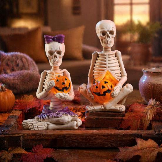 Resin Skeleton Ornaments 2Pcs/Set Couple Statues, with Pumpkin Figurines, Men Funny Gifts Women for Halloween Table Mantel Shelf Decoration Accents