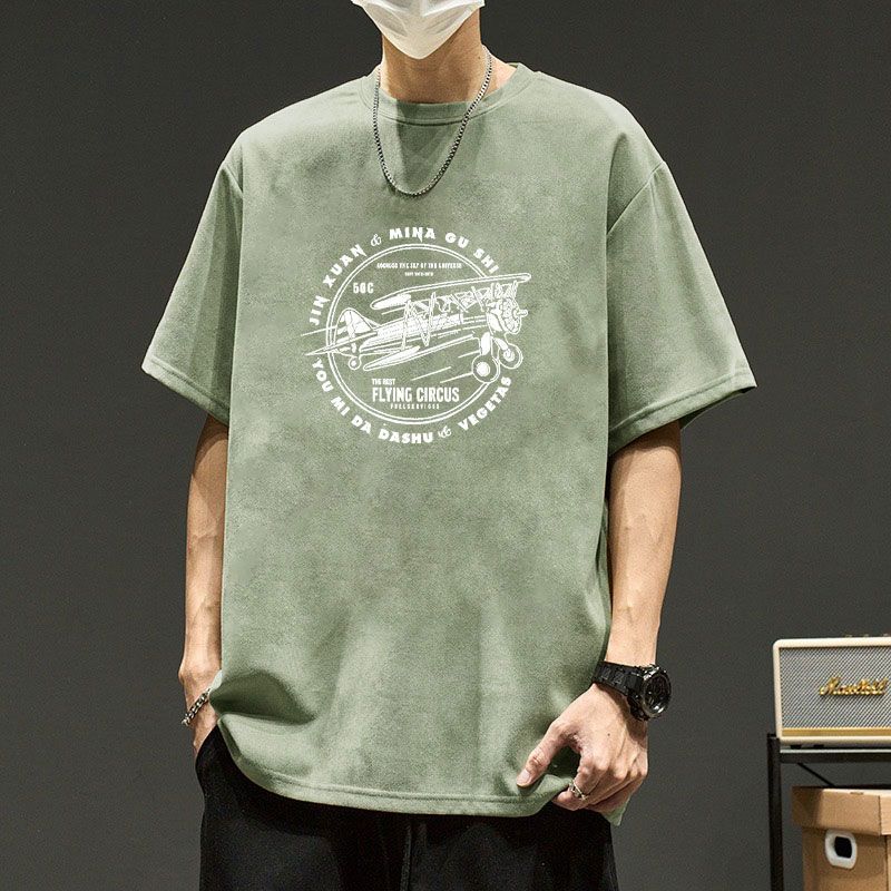 Kurzärmeliges Herren-T-Shirt aus Wildleder für Frühling und Sommer, Herrenbekleidung, trendiges japanisches Rundhals-All-Match-T-Shirt-Oberteil