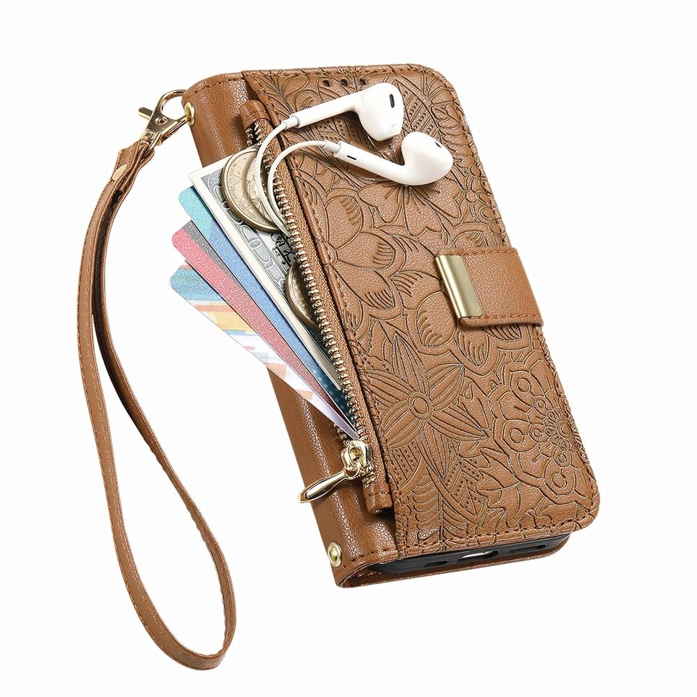 Phone Wallet Case with 6 Card Slots, Zip Coin Pocket, Stand for Hands-Free Viewing & Wrist Strap, Floral Design for OPPO VIVO Xiaomi Redmi Google