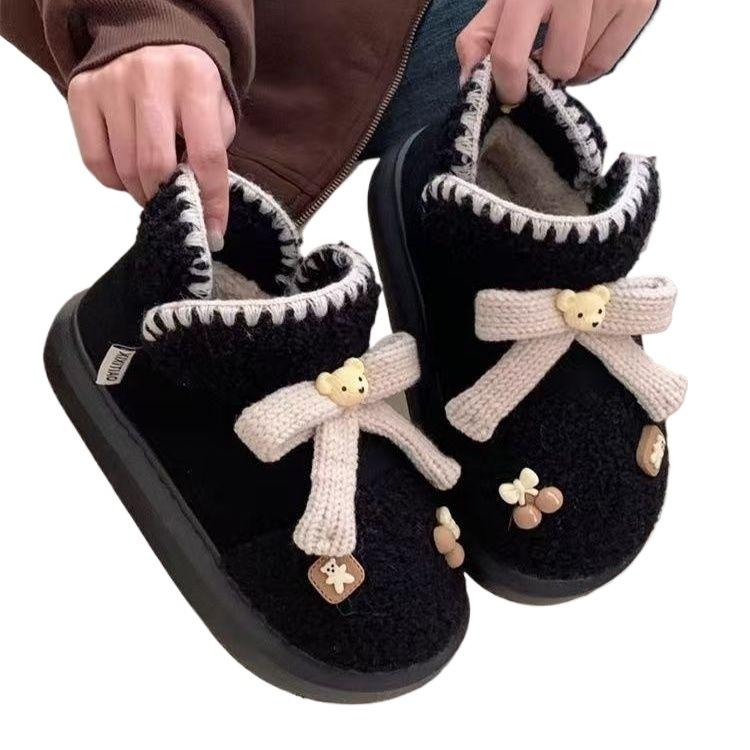 High-value Cute Bear Bow Lamb Wool Parent-child Snow Boots Women's Velvet Thickened Bottom Warm 2468
