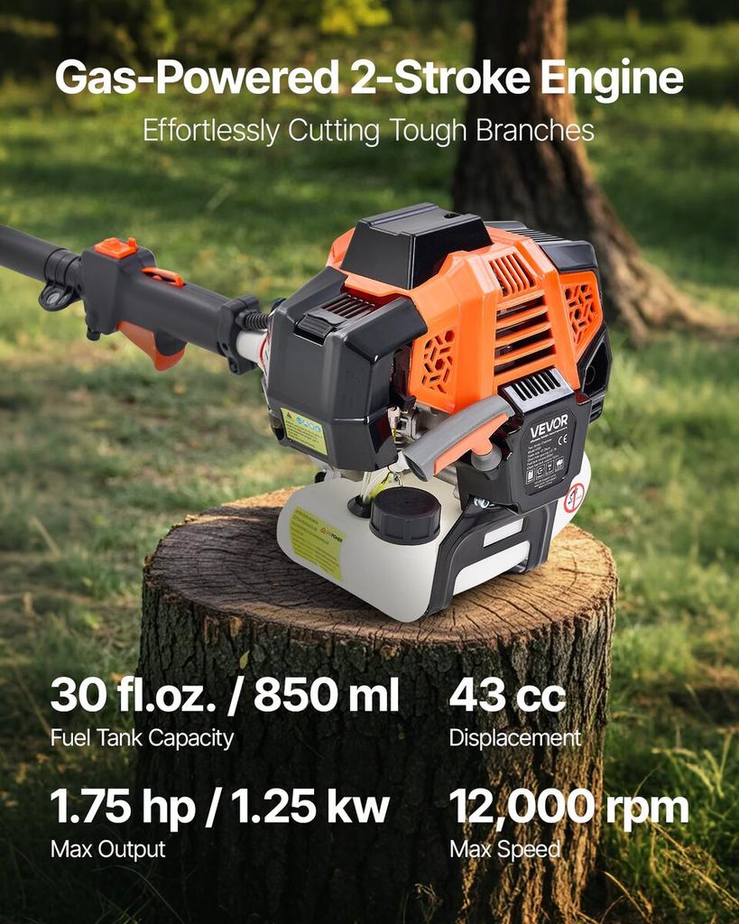 Gas Pole Saw, 43CC 2 Stroke Gas Powered Pole Saws with 30.48 Cm Cutting Bar, Cordless Tree Trimmer with Rotatable Head, 2.16 To 3.66 M Extendable,