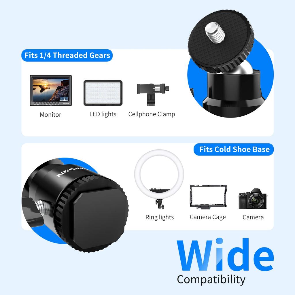 NEEWER ST17 Mini-Kugelkopf mit 2 Blitzschuh-Halterungen und drehbarer Kamera-Blitzschuh-Halterung für LED-Video- und Ringlichter 1/4" Schrauben, 360° & 90° Neigung,
