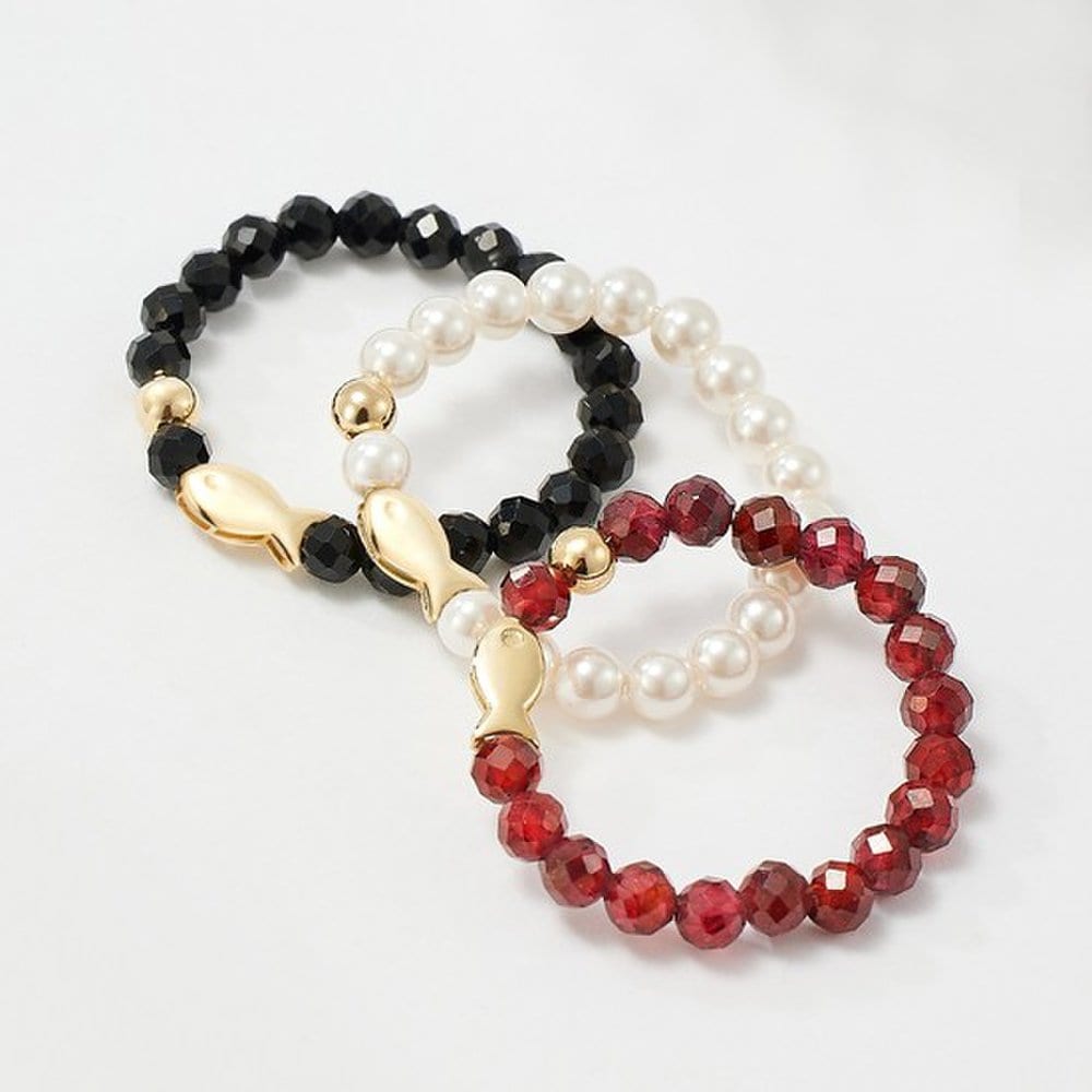 14K Lucky Fish Ring Jpbdr576 Gold Ball Beads Garnet Pearl Black Spinel