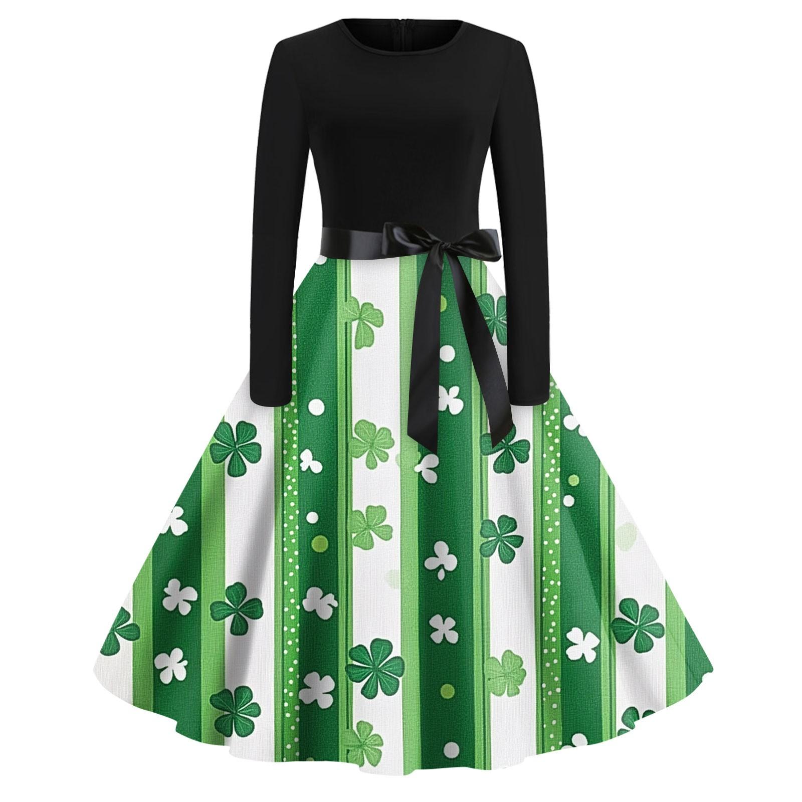 

Жіночі сукні Модні повсякденні тонкі сукні з круглим вирізом St. Сукні з довгими рукавами з принтом до Дня Патрика XXL зелений