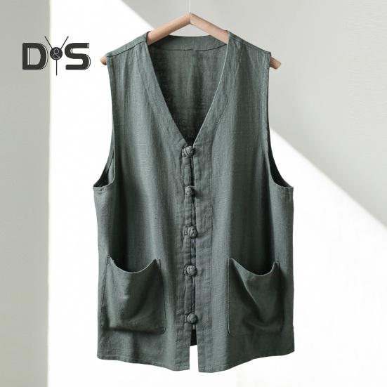 Men Summer Vest Single-breasted Retro Chinese Style Knot Buttons Loose Sleeveless V Neck Patch Pockets Pure Color Casual Top