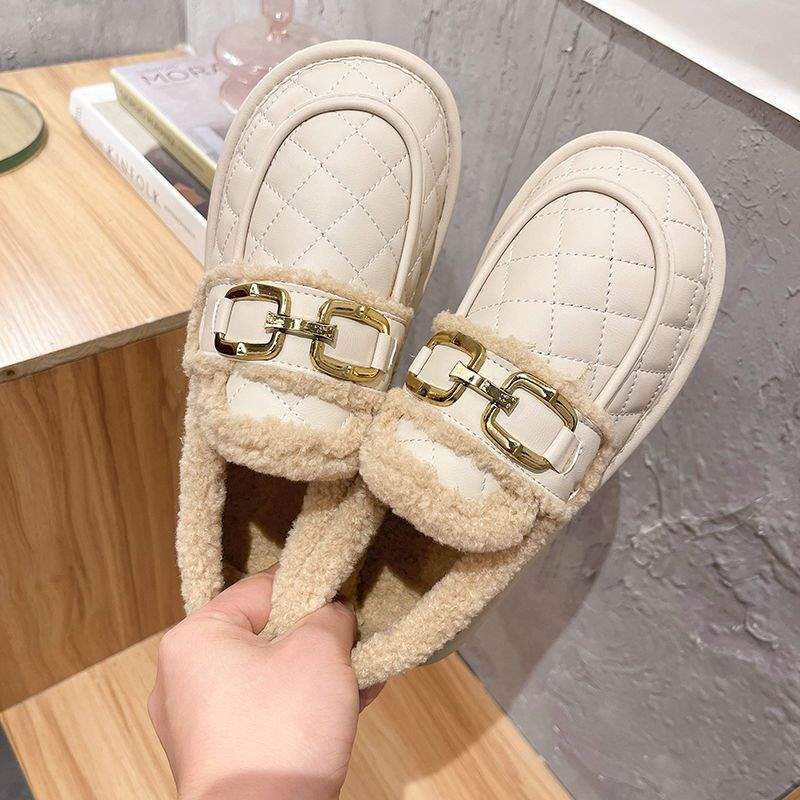 Baumwollschuhe Damen Winter Samt Mode Oberbekleidung 2025 neu Internet-Berühmtheit Lammwolle Einslipper Leder Weichsohle Beanie-Schuhe