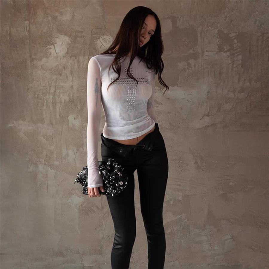 Wind Autumn New Women's Ins Fashion Personalized Top Cross Diamond Base Long Sleeve T-Shirt