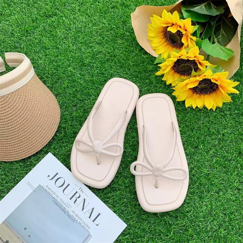 Flip-flops girl wearing slippers in fairy style bow flip-flops soft bottom solid color beach light pinch slippers