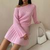 New European and American Style Hollow Knit Set: Loose and Lazy Sweater + Pleated Short Skirt Two-piece Set