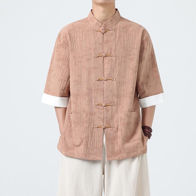 Men's Lightweight Mandarin Collar Printed Shirt Summer Chinese Style Oriental Design Casual Cultural Wear