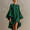 New Solid Color Round Neck Large Horn Sleeve Ruffle Edge Loose Asymmetrical Dress