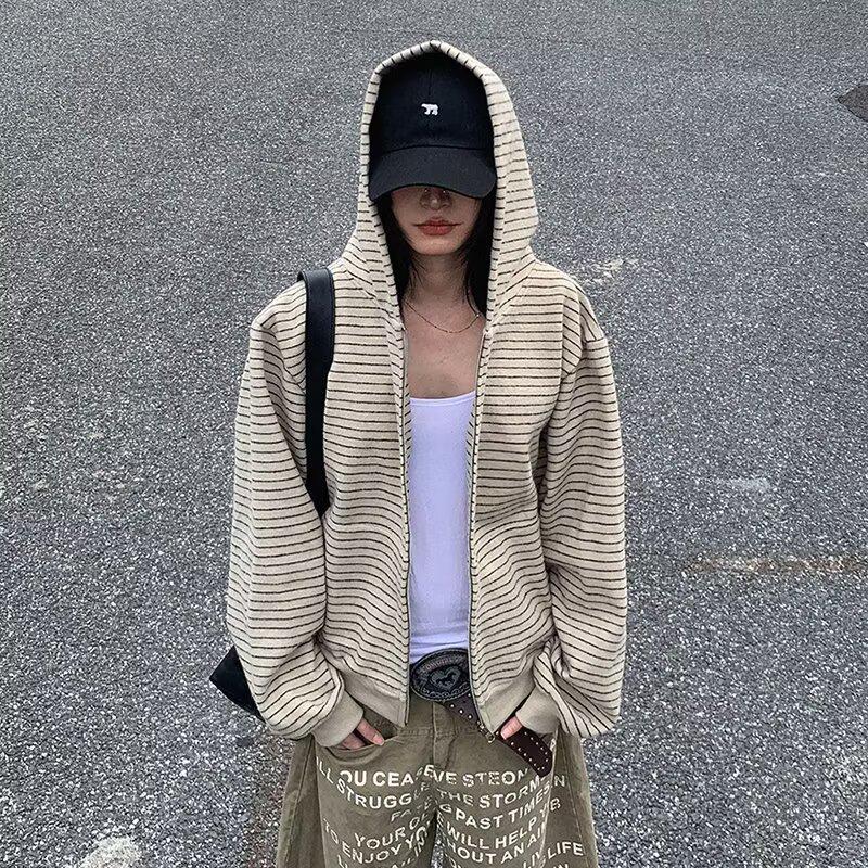 Unisex American Retro Patchwork Striped Zip-Up Hooded Cardigan 2025