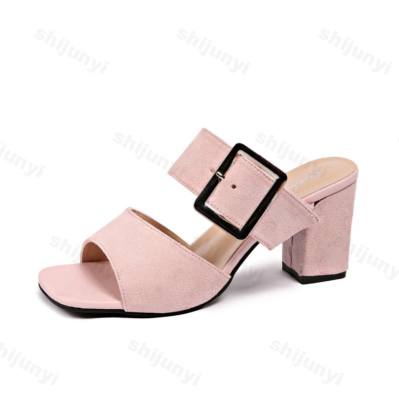 Fashion Solid Color Buckle Strap High-heeled Sandals for Women Summer 2025 Thick Heel Open Toes Breathable Comfortable Fashion Slippers