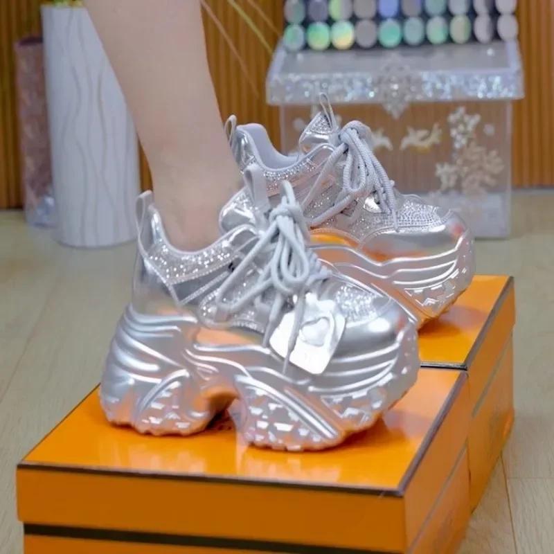 7CM Women Casual Platform Sneakers High Heels New Spring Sports Vulcanized Shoes Bling Trainers Chunky Sneakers Zapatos Mujer