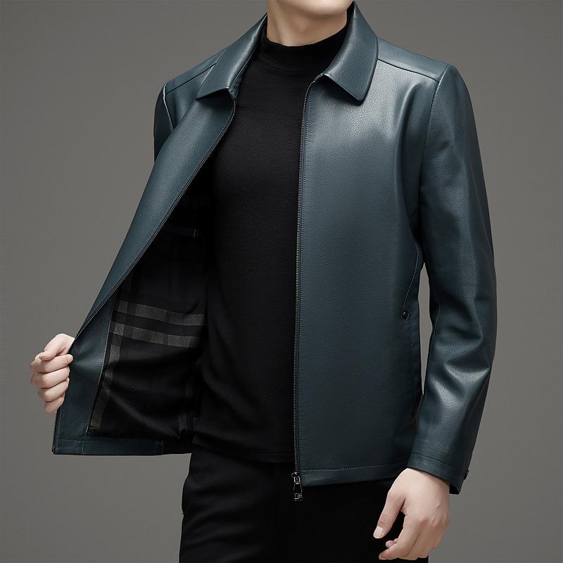 Spring and Autumn Genuine Leather Jacket Men's Sheepskin Middle-aged and Elderly Dad's Velvet Loose Leather Jacket