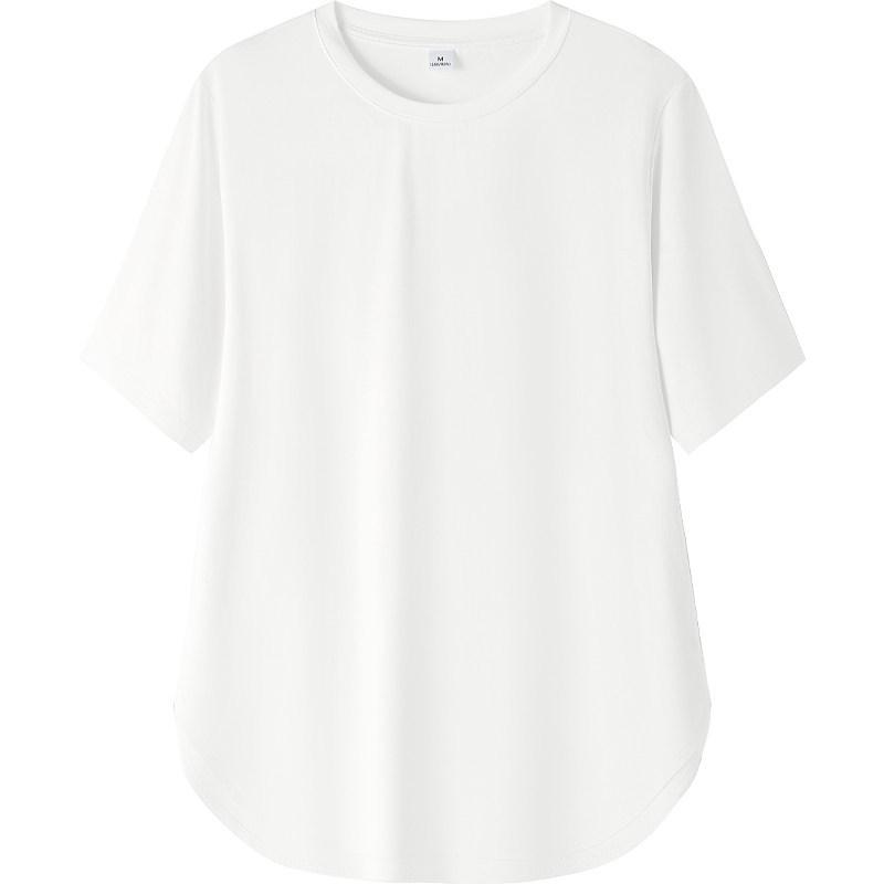 Women's Cool Ice Feel Solid Color Round Neck Short Sleeve Loose Fit Summer Top with Curved Hem