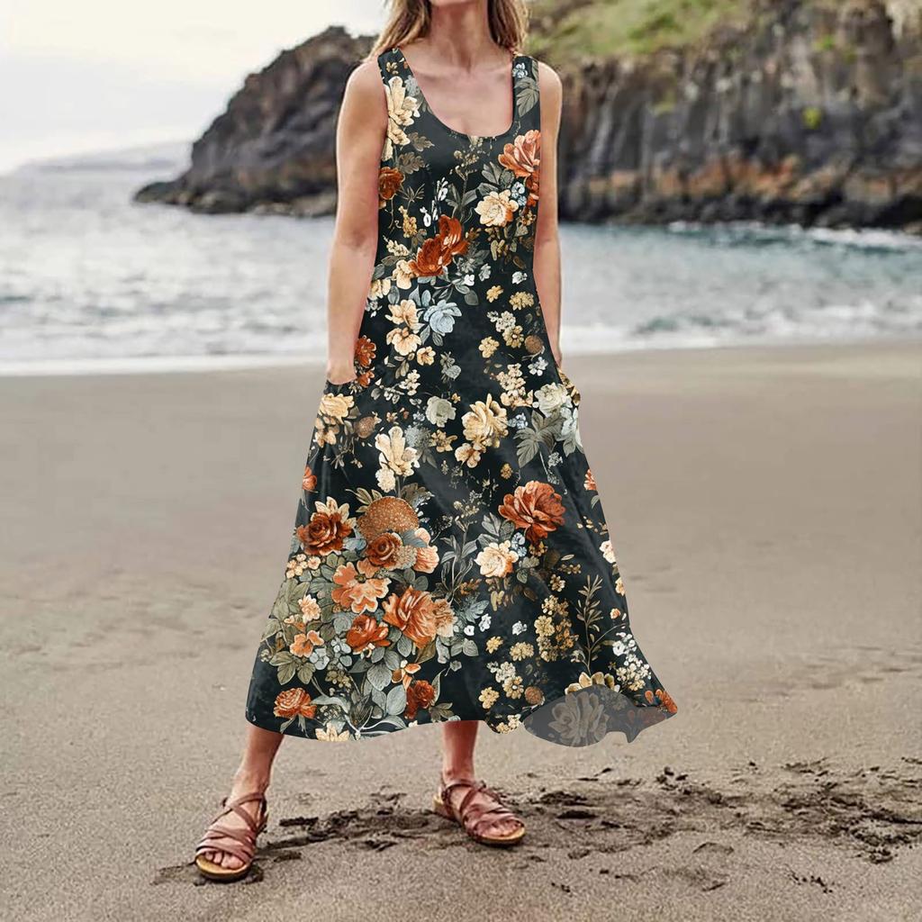 Lässiges, bequemes, ärmelloses Baumwolltaschenkleid mit Blumendruck für Damen