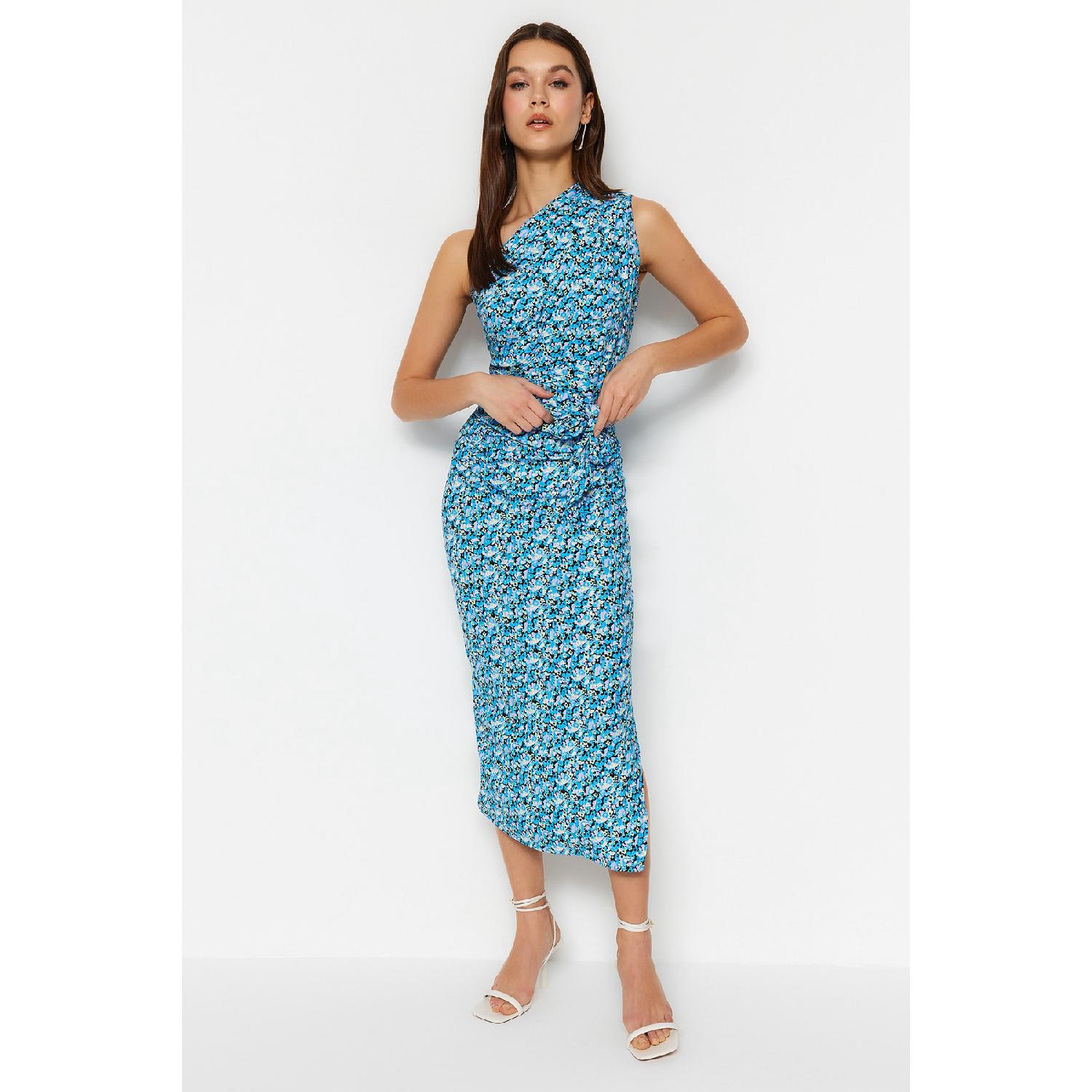 

Blue Printed One-shoulder Fitted One-shoulder Knitted Dress