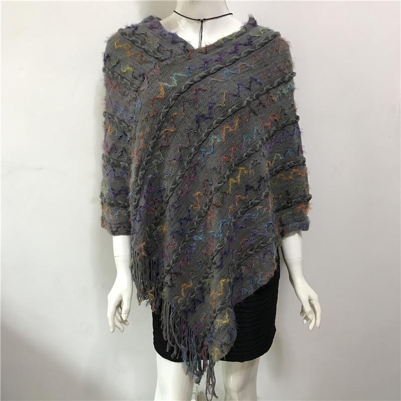 2022 Autumn/Winter Women's V-Neck Rainbow Tassel Cape Sweater