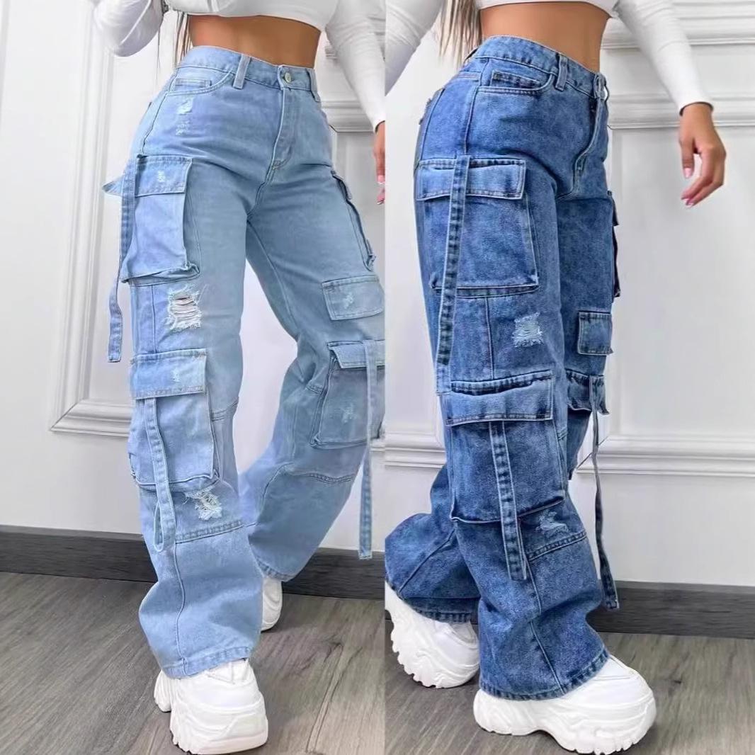 

Women s Plus Size High Waist Multi-Pocket Casual Denim Workwear Pants Large