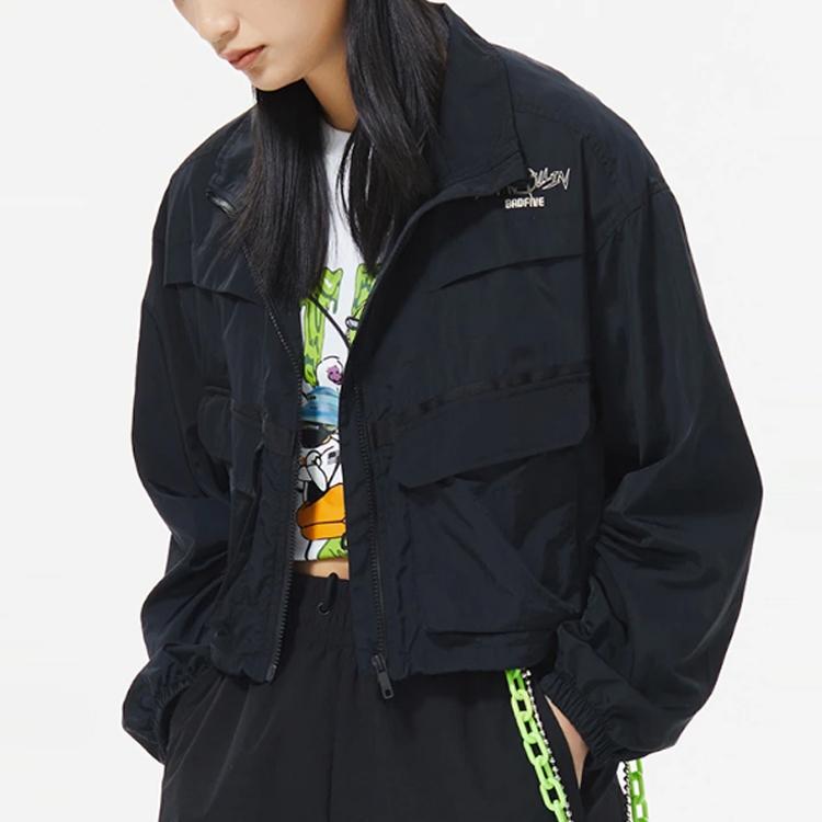 Lining Badfive Casual Stand Collar Loose Printed Jacket Women Jacket Black AFDS086-3